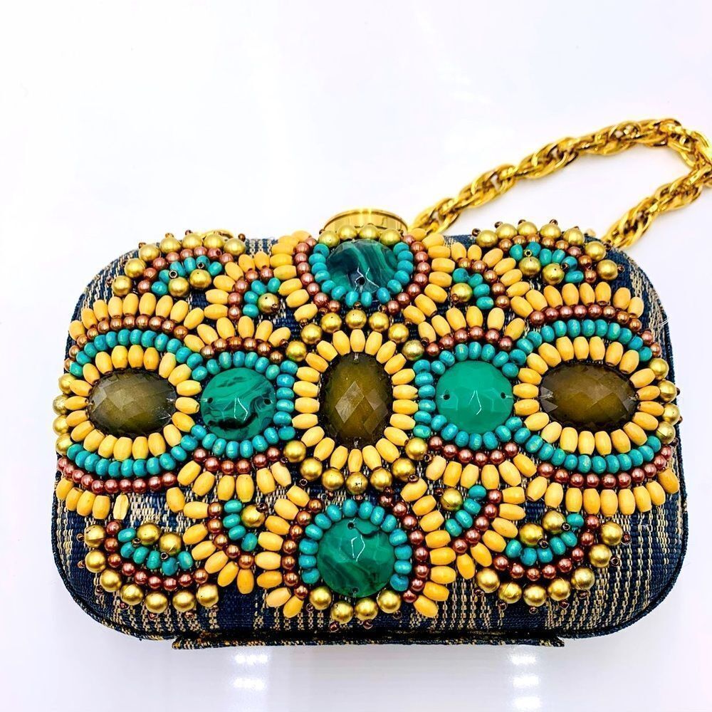 Auth Rafe Minaudire Beaded Boho Canvas Box Clutch Gold-Tone Chainlink Strap